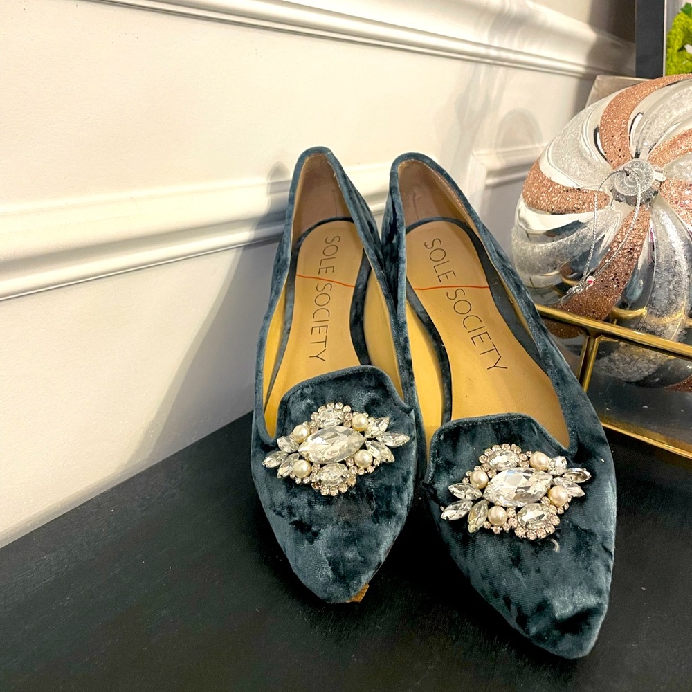 Sole Society blue velvet bejeweled flats